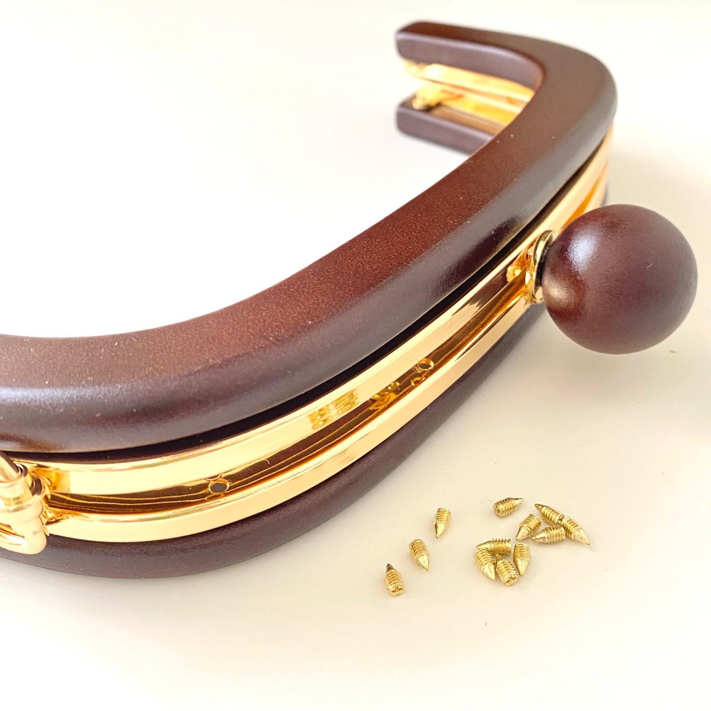 WOODEN BAG FRAME WITH OVAL BEADS | DARK BROWN & METAL STRIPED