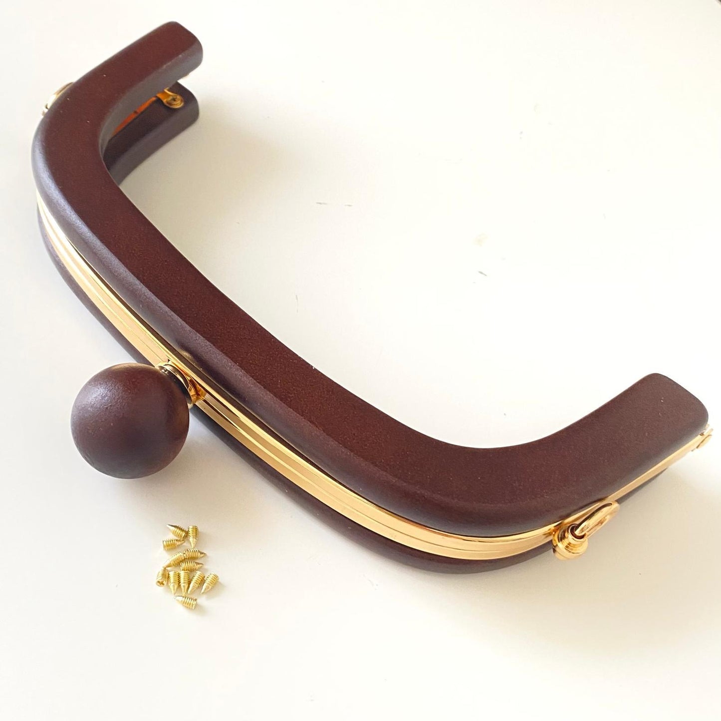 WOODEN BAG FRAME WITH OVAL BEADS | DARK BROWN & METAL STRIPED