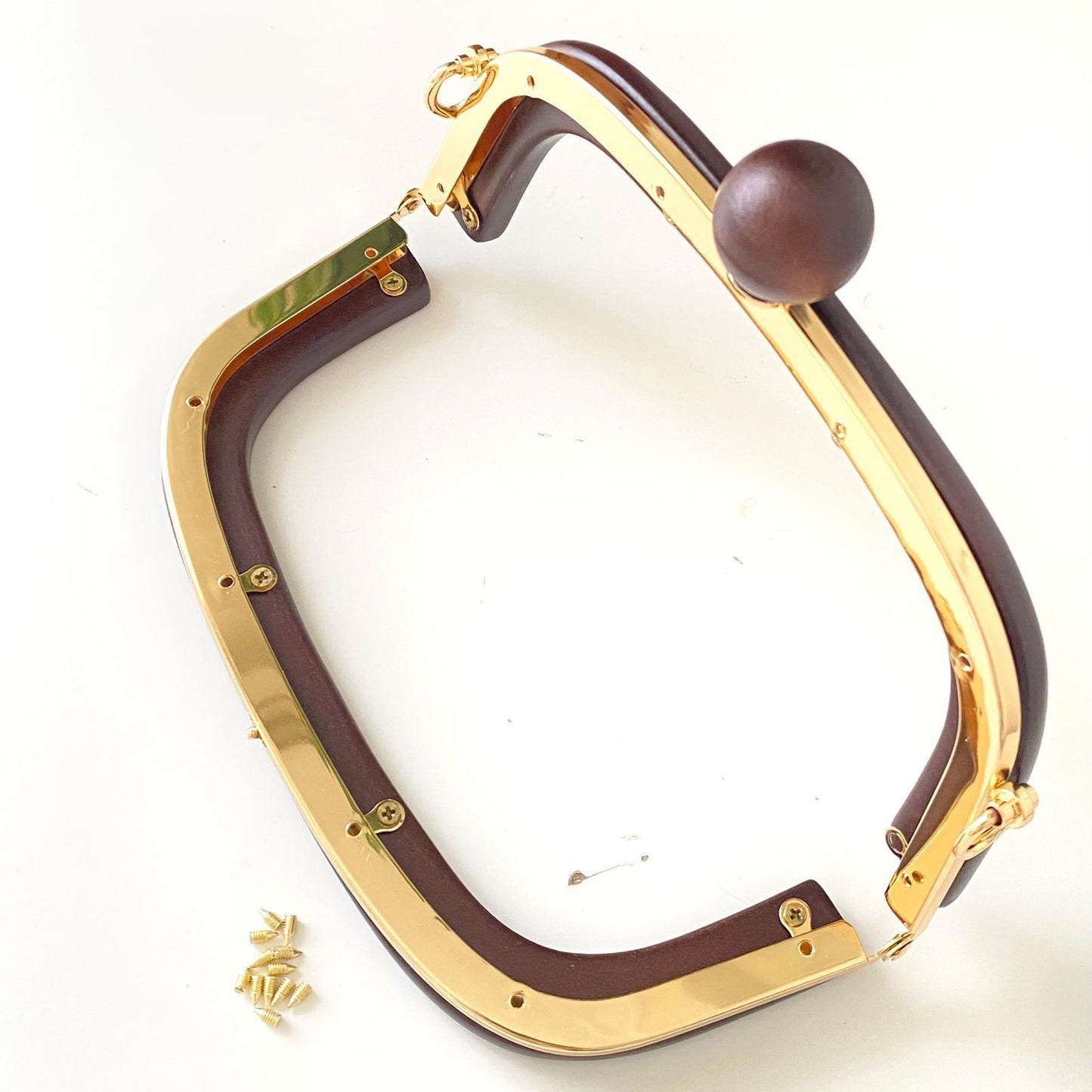 WOODEN BAG FRAME WITH OVAL BEADS | DARK BROWN & METAL STRIPED