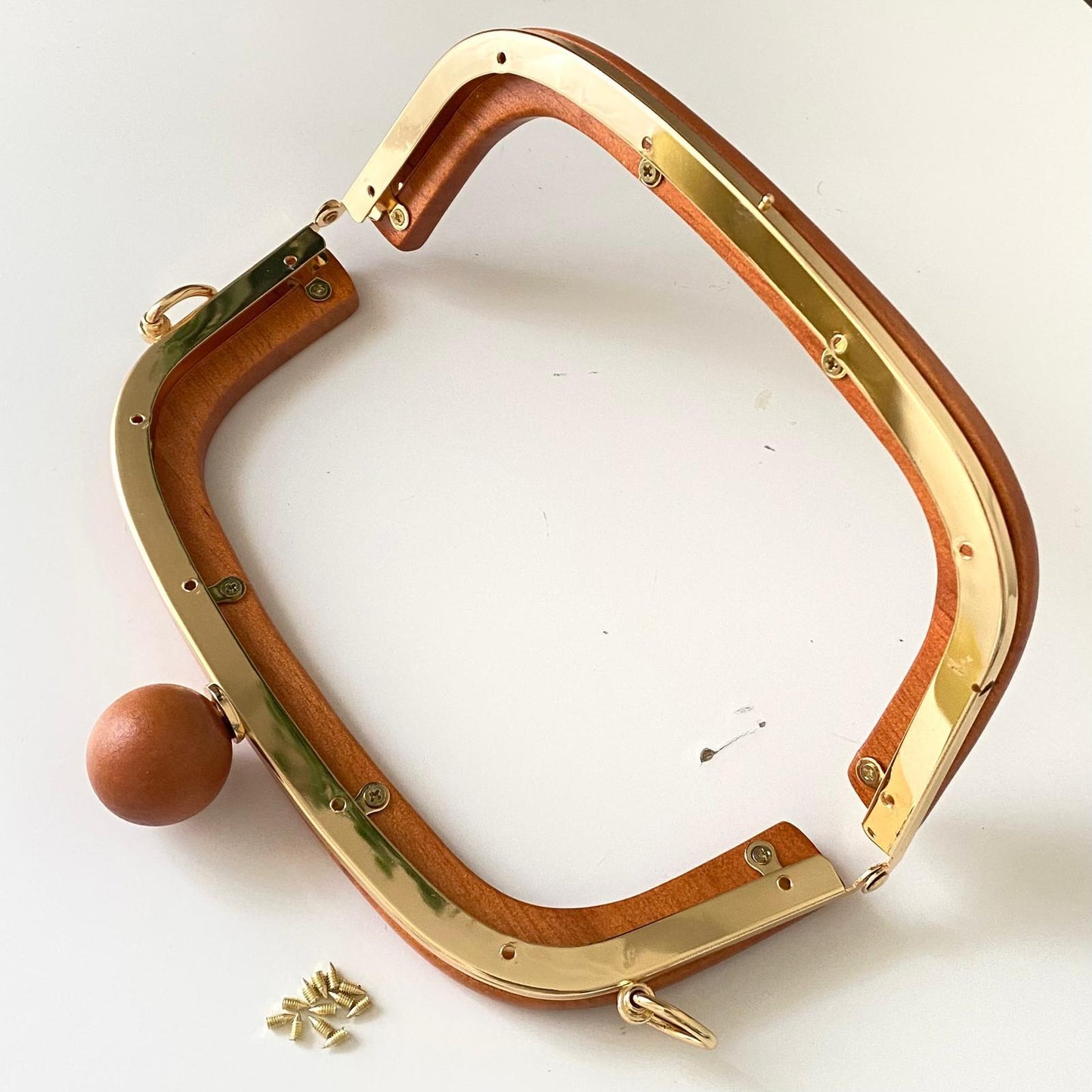 WOODEN BAG FRAME WITH OVAL BEADS | MILKY COFFEE COLOUR & METAL STRIPED