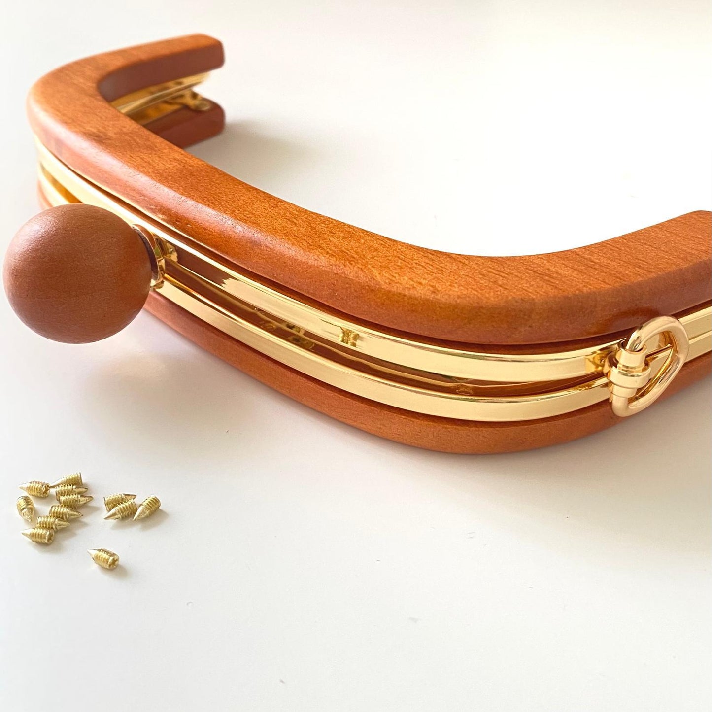 WOODEN BAG FRAME WITH OVAL BEADS | MILKY COFFEE COLOUR & METAL STRIPED