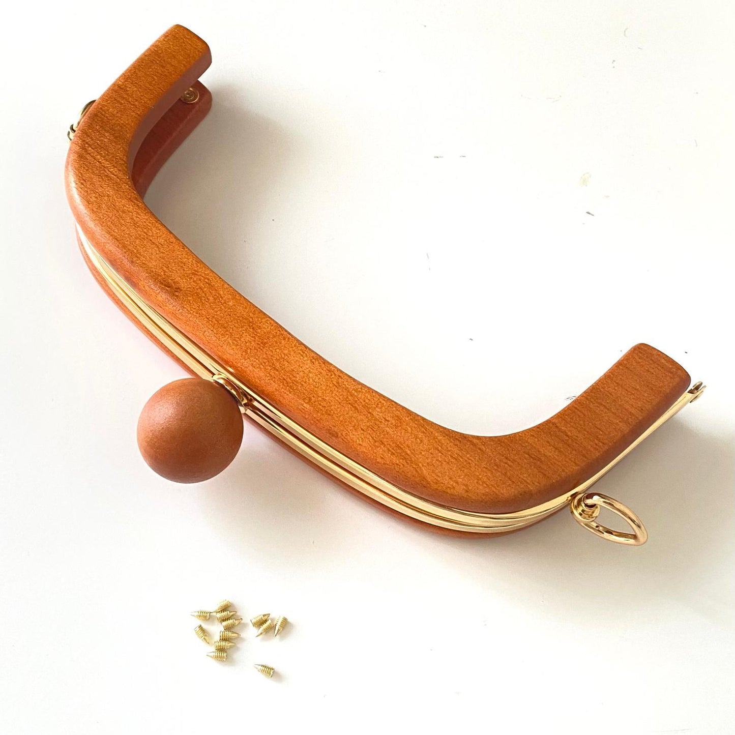 WOODEN BAG FRAME WITH OVAL BEADS | MILKY COFFEE COLOUR & METAL STRIPED